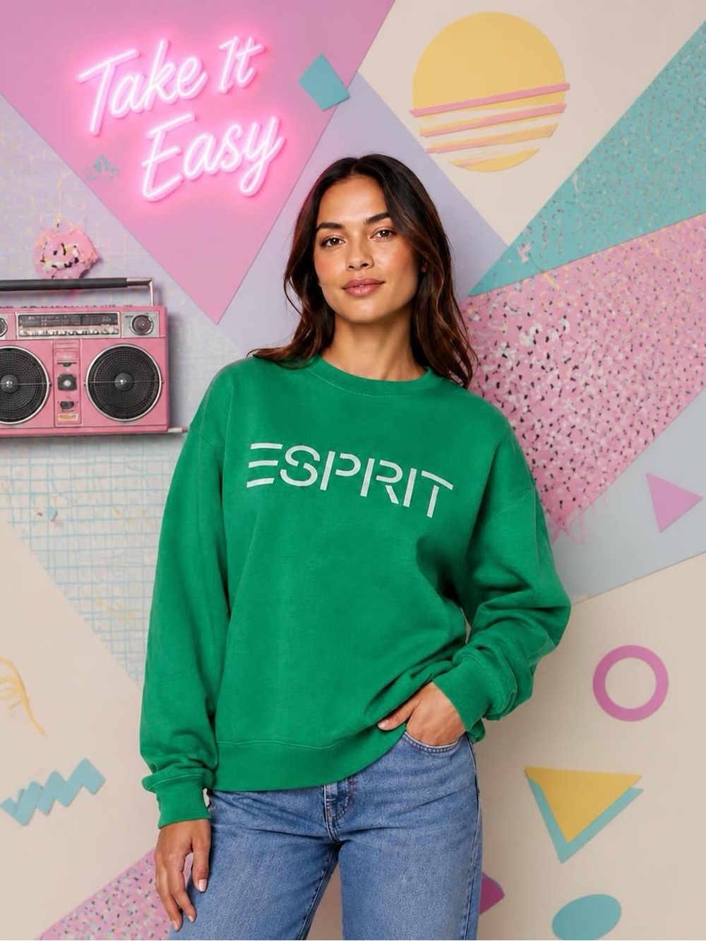 Esprit Women's Logo Fleece Crewneck Sweatshirt Embroidered 80s Retro Viral XS